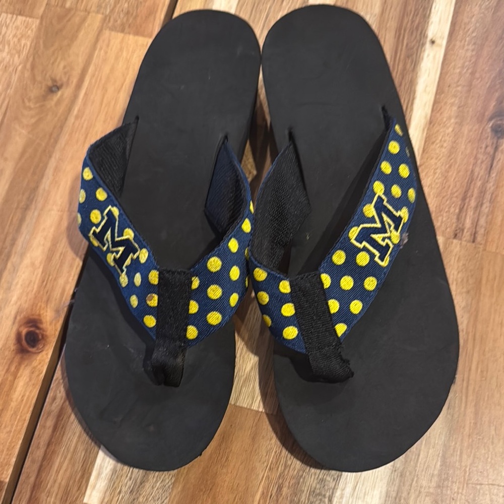 Go Blue! Black and Yellow Polka Dot Flip Flops